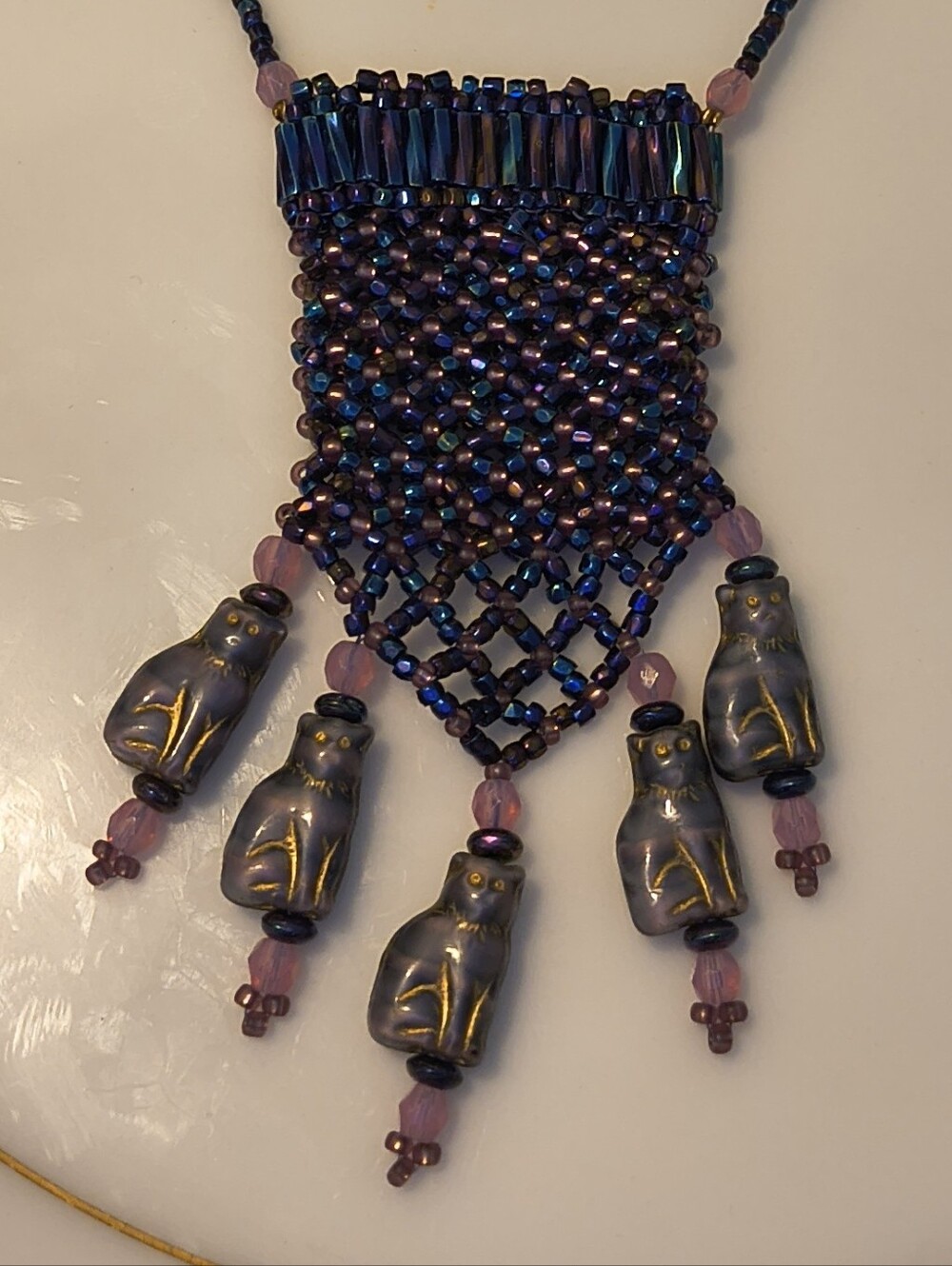 Glass Seed Bead Medicine Pouch Necklace Oil Slick Blue Pink Molded Cat Charm